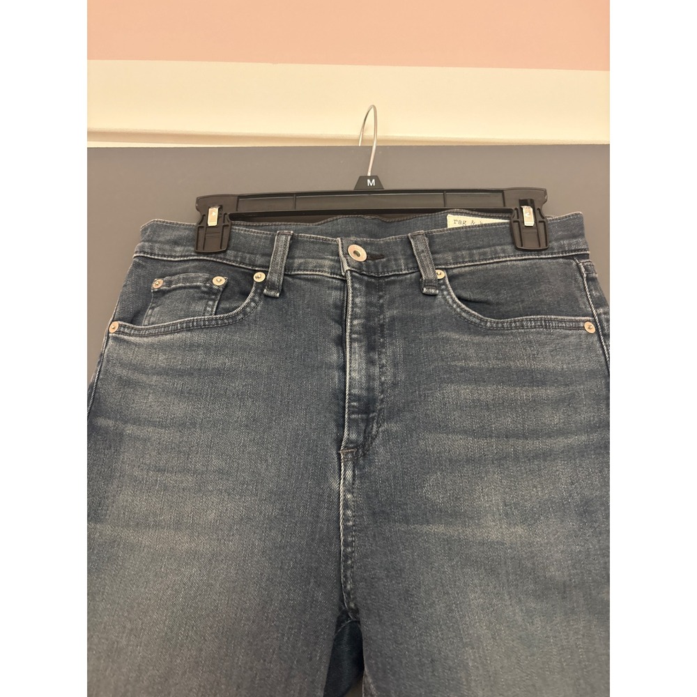 Rag Bone High Rise Ankle Skinny Jeans Dark‎ Wash Distressed Knee Raw Hem Size 28 - Picture 2 of 7